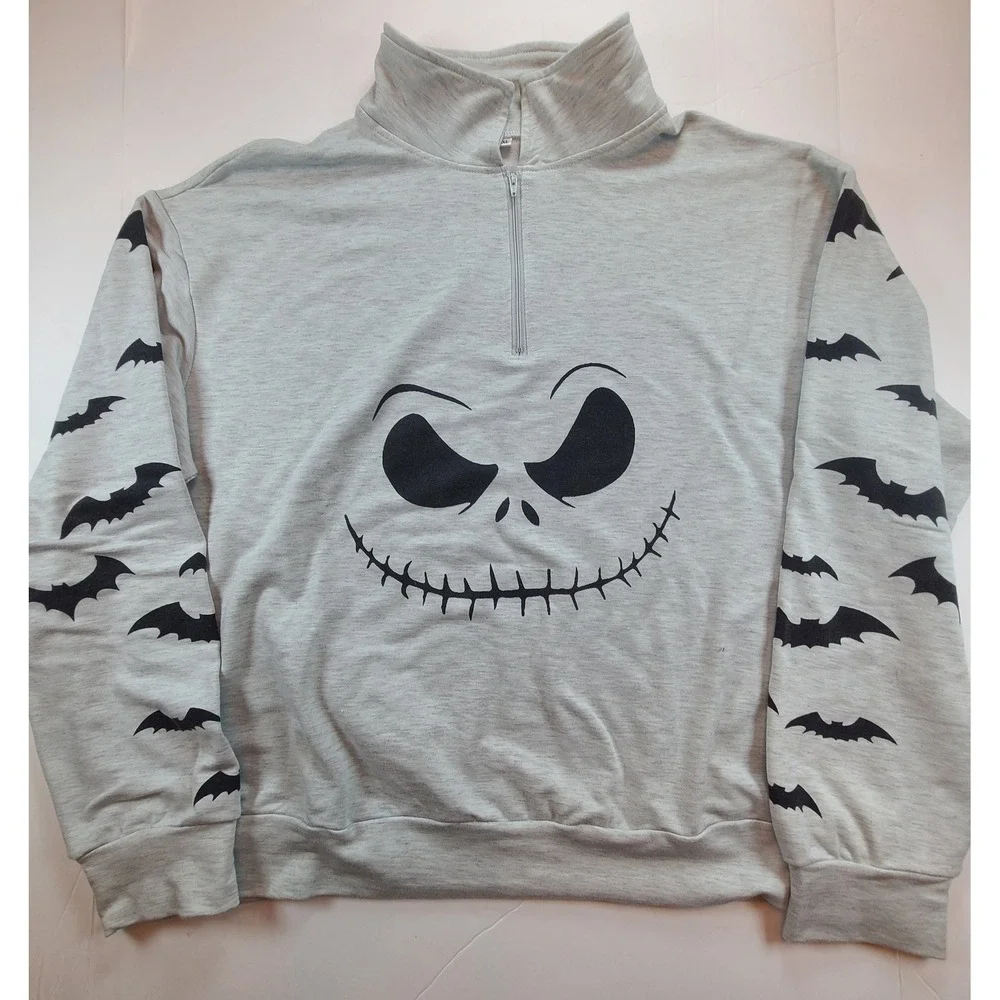 Mens 2XL Jack Skellington Bat Print Mock Neck Quarter Zip Pullover Sweatshirt
